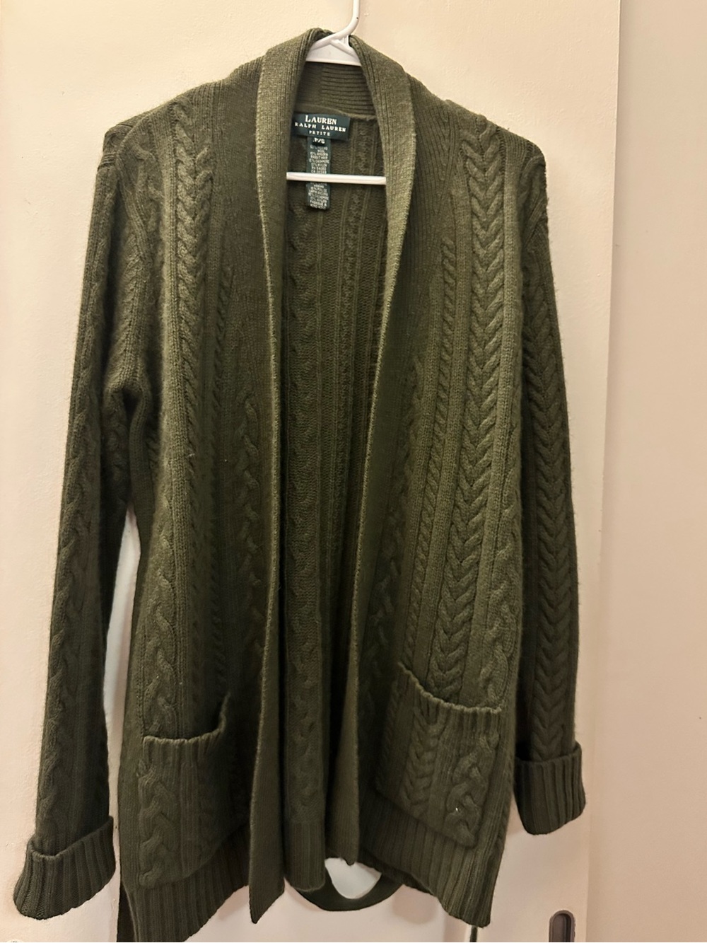 Lauren Ralph Lauren Olive Green Cable-Knit Shawl Collar Cardigan Fall Winter